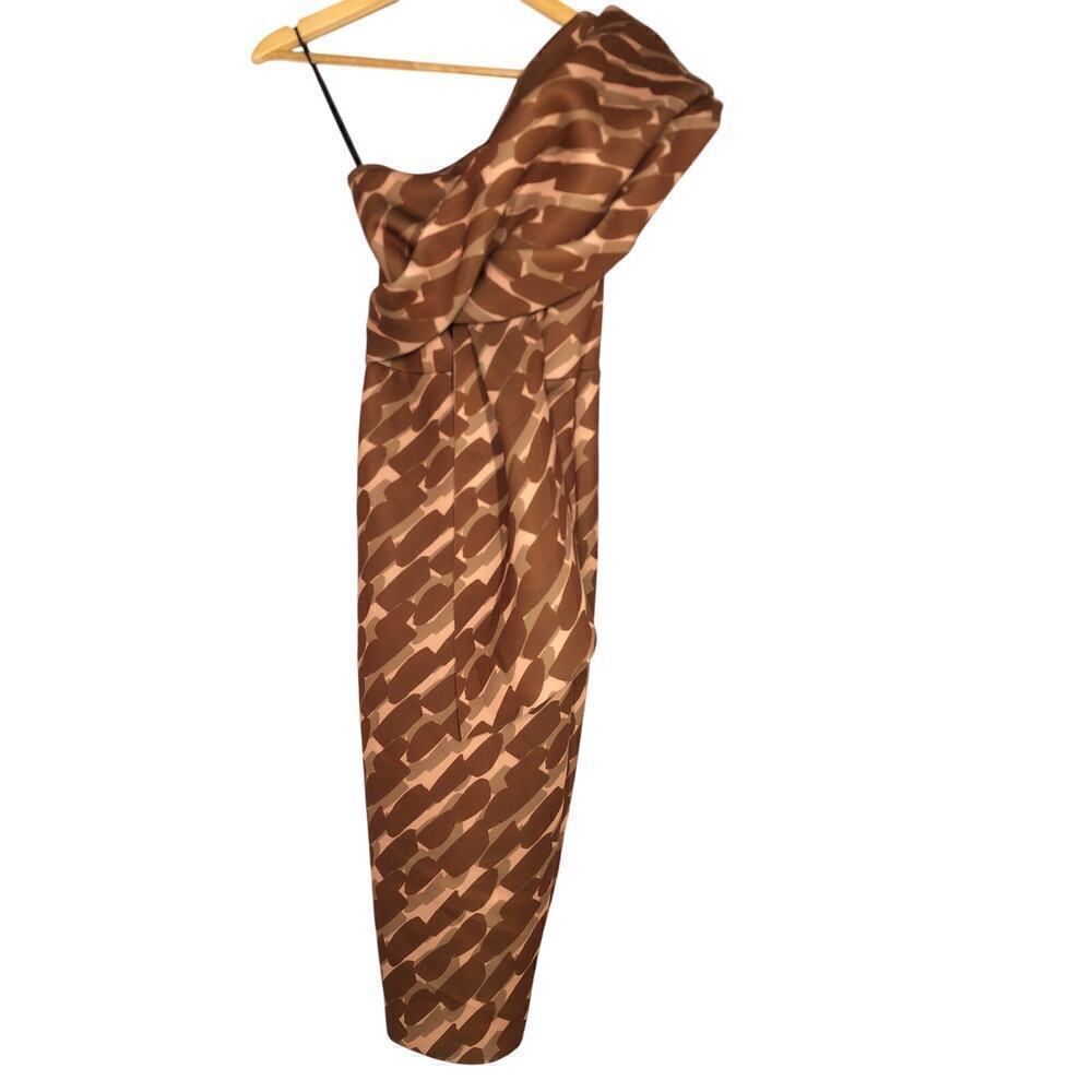 ASOS Design Dress Peekaboo Shoulder Tuck Pencil Midi Geo Print Brown Tan 0 NWOY